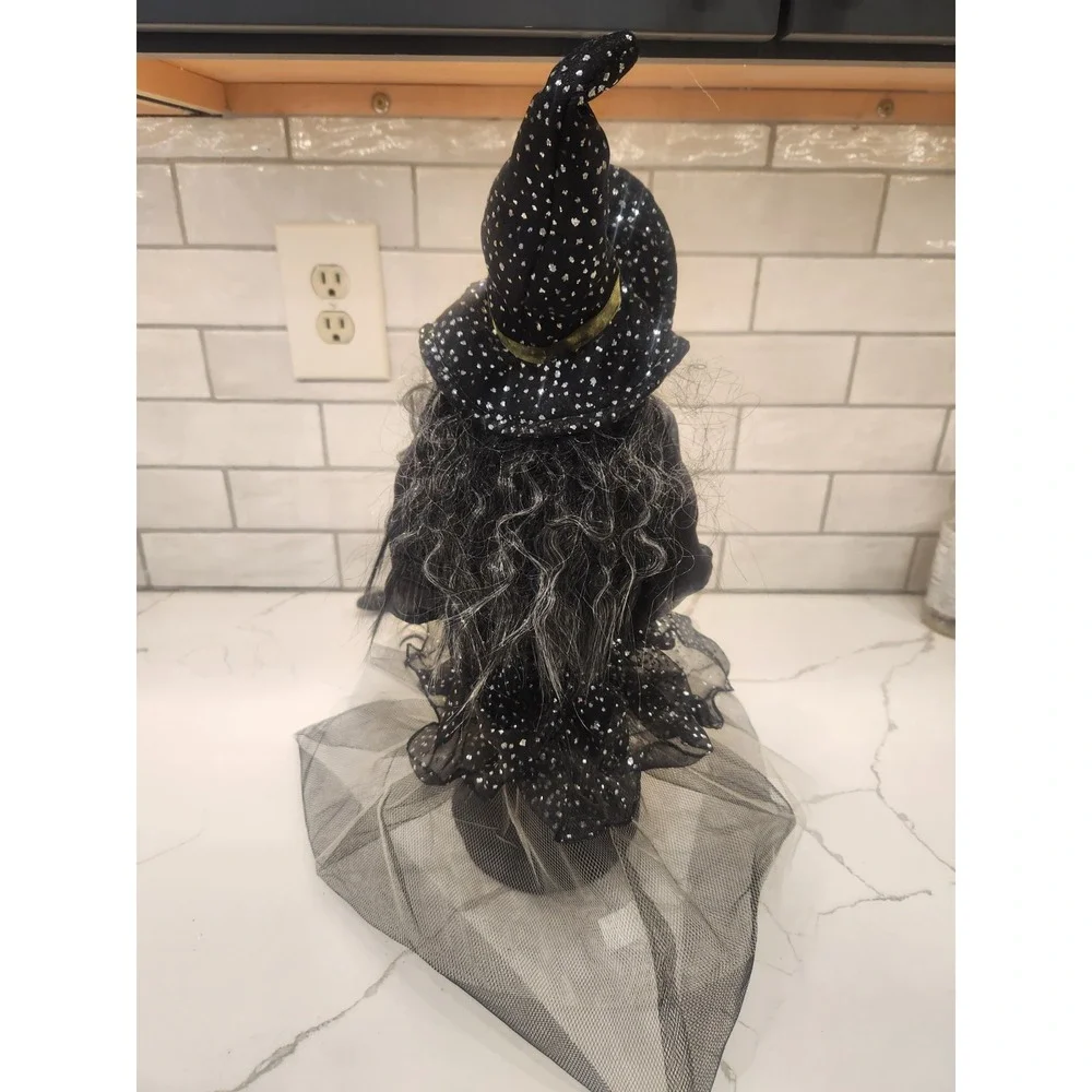 Sitting Halloween Witch with Green Face and Hands Shelf Sitter Dangling Legs